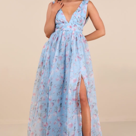 Lulus Garden Romance Light Blue Floral Print Organza Maxi Dress - Size S - Picture 1 of 1